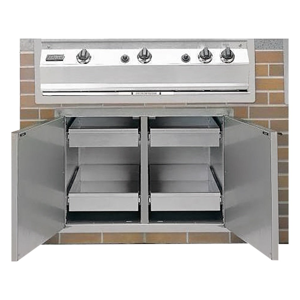 Stainless steel cabinet with double doors open, two inner storage drawers