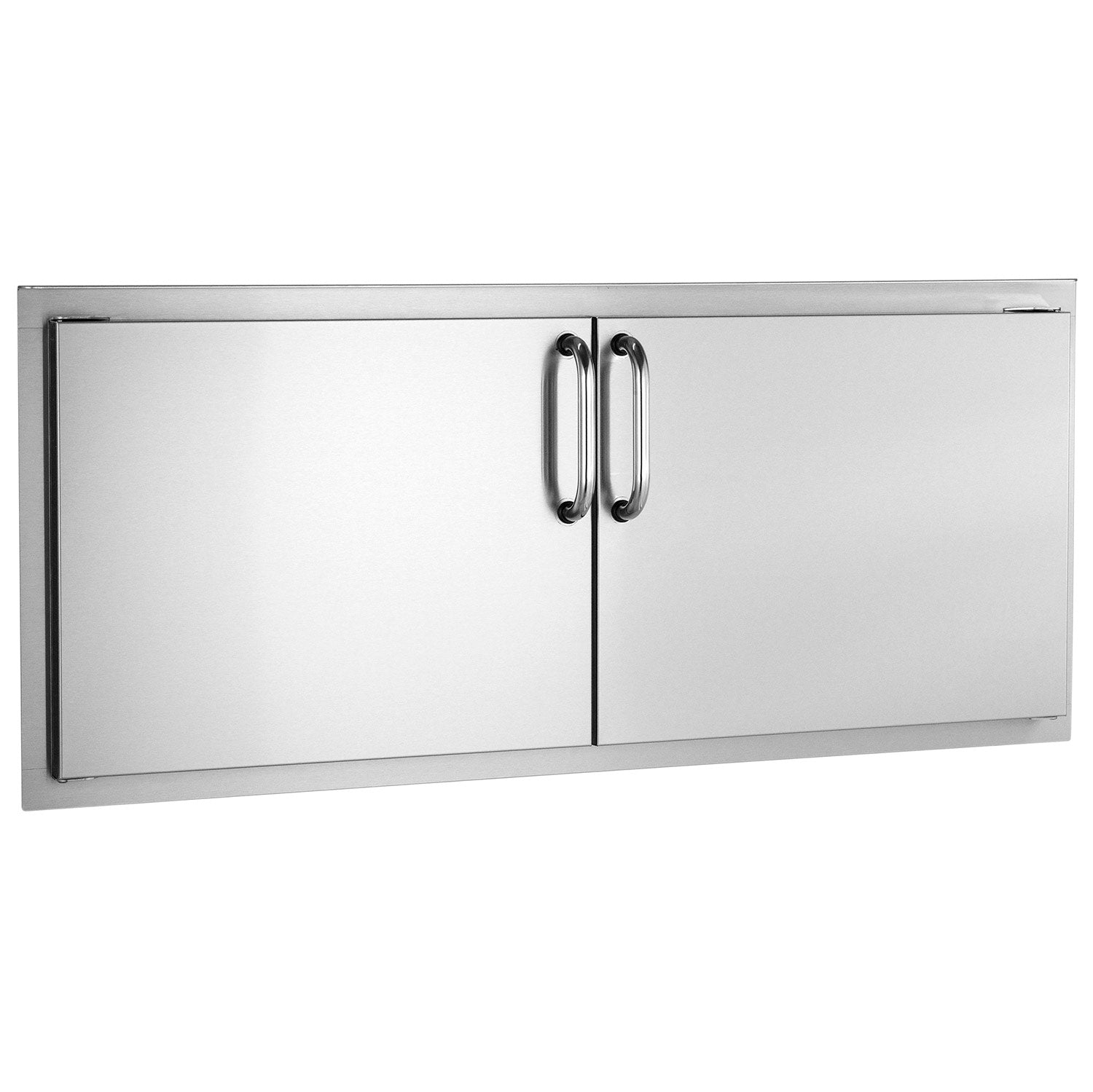 Stainless steel double access doors with two pull handles, rectangular frame