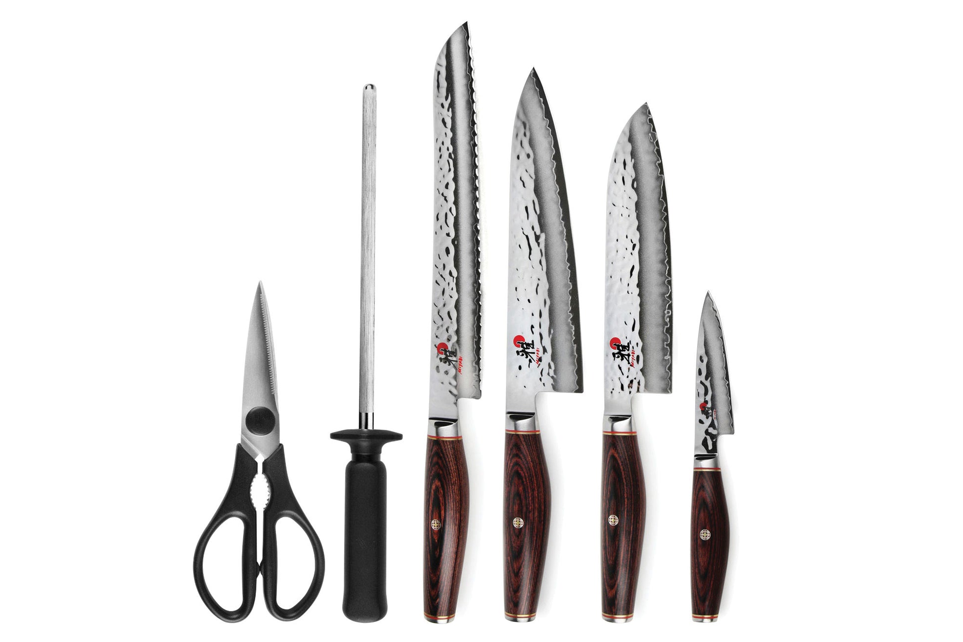 Knife and accessory set with multiple stainless blades and black-handled scissors