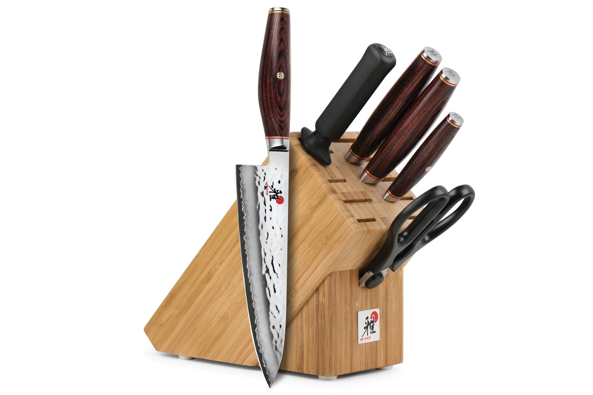 Knife block set with wooden block and multiple knives with dark handles