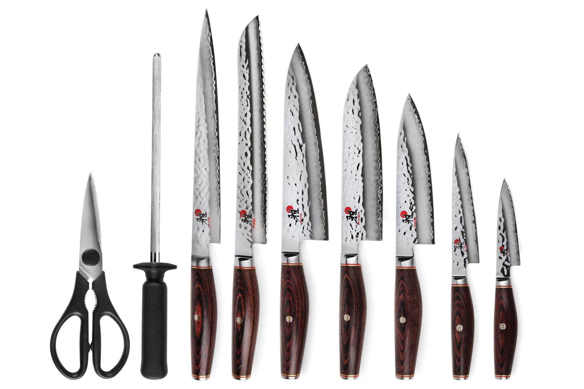 Knife set with multiple stainless blades and dark handle kitchen shears, plus honing rod