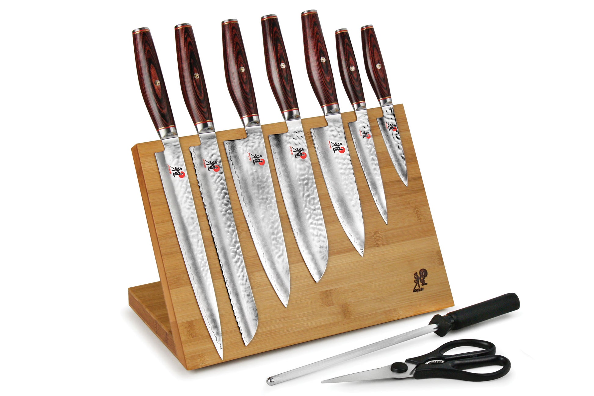 Wooden knife block set with 10 knives and matching black-handled kitchen shears