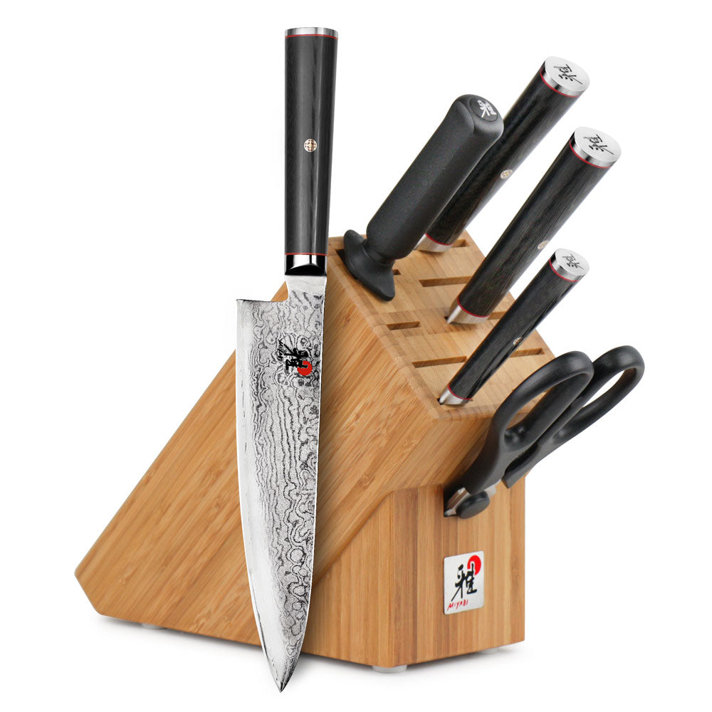 7-piece knife block set with 6 knives in a bamboo-style wooden holder