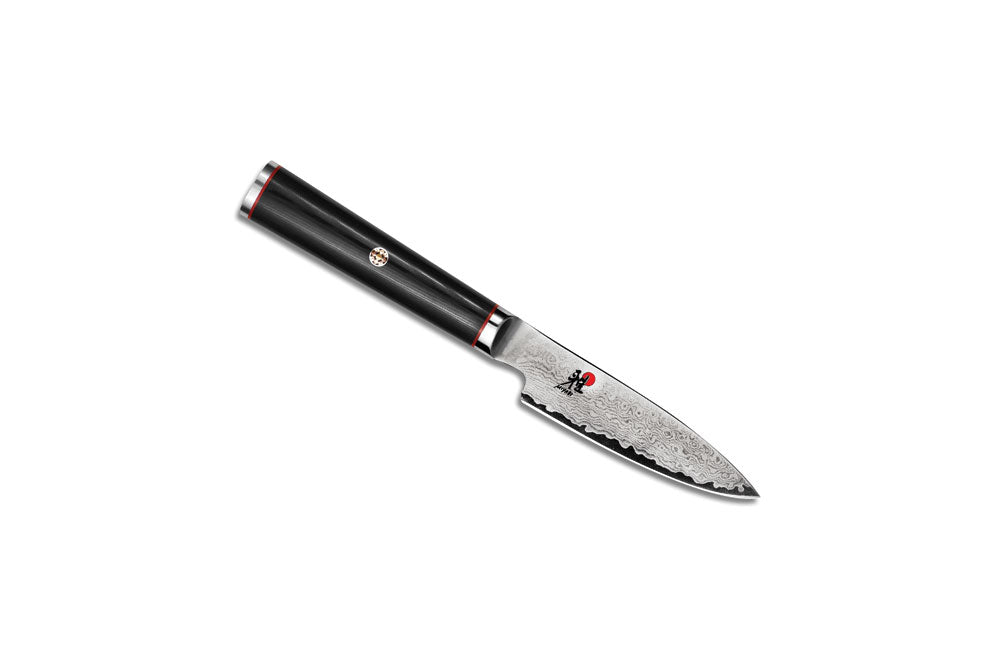 3.5-inch paring knife with black handle and Damascus-style blade