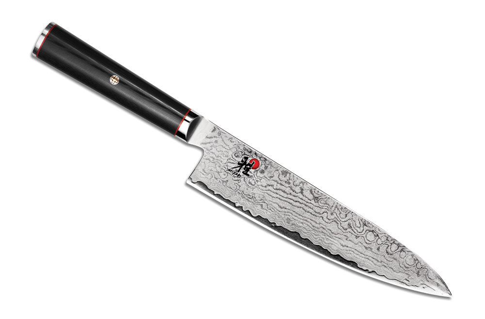 8-inch chef's knife with black handle and Damascus-steel blade