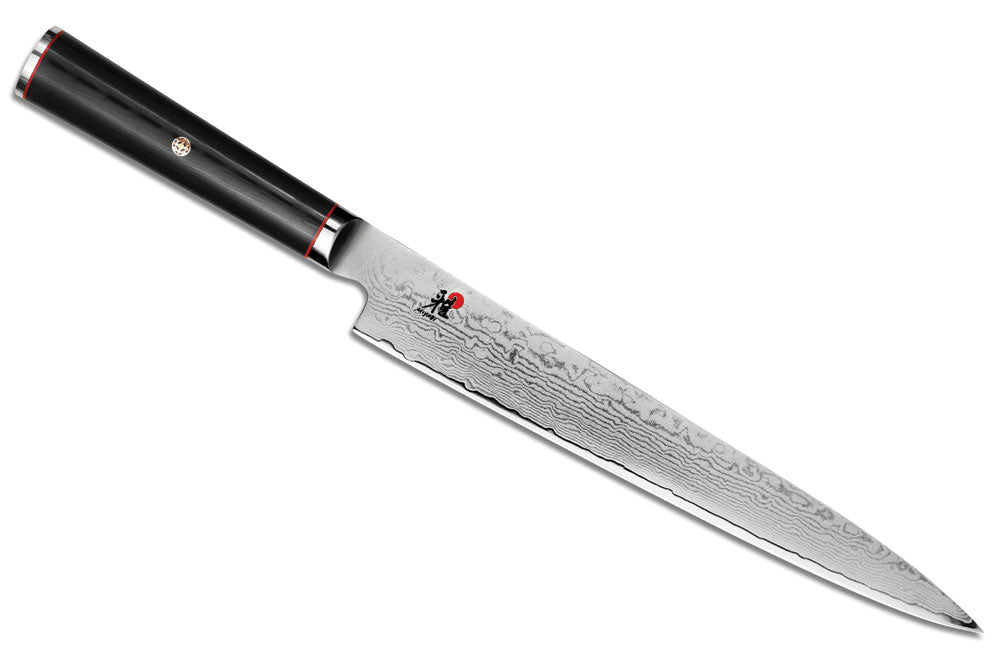 9.5-inch slicing knife with black handle and Damascus-style blade