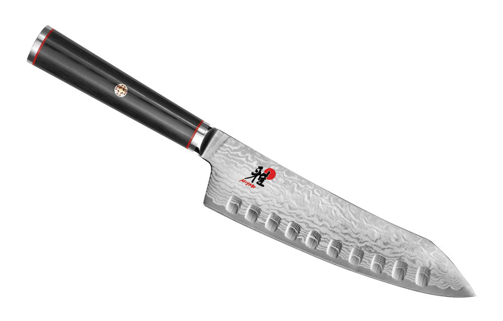 Rocking santoku knife with black handle and silver blade, 7-inch size