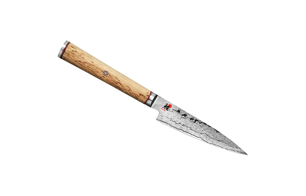 Paring knife with birchwood handle and patterned steel blade, 3.5-inch
