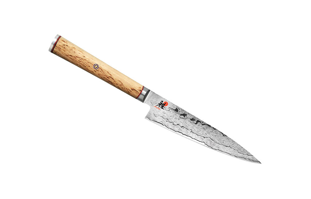 Miyabi SG2 paring/utility knife with birchwood handle and patterned steel blade