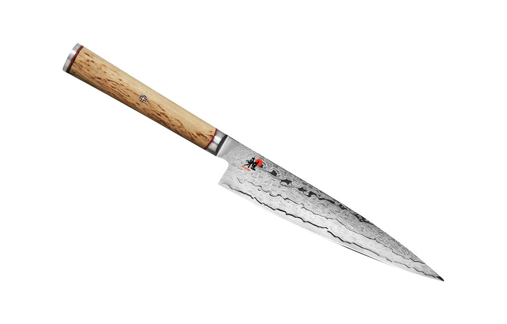 Birchwood utility knife with patterned stainless blade and wooden handle