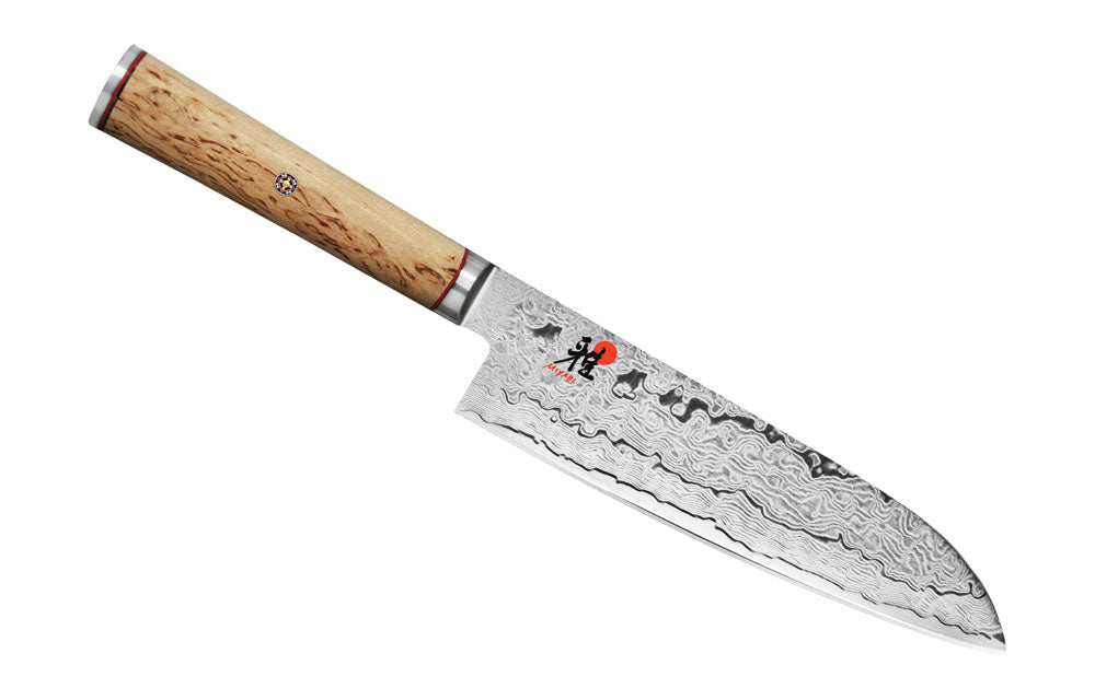 7-inch santoku knife with birchwood handle and patterned steel blade