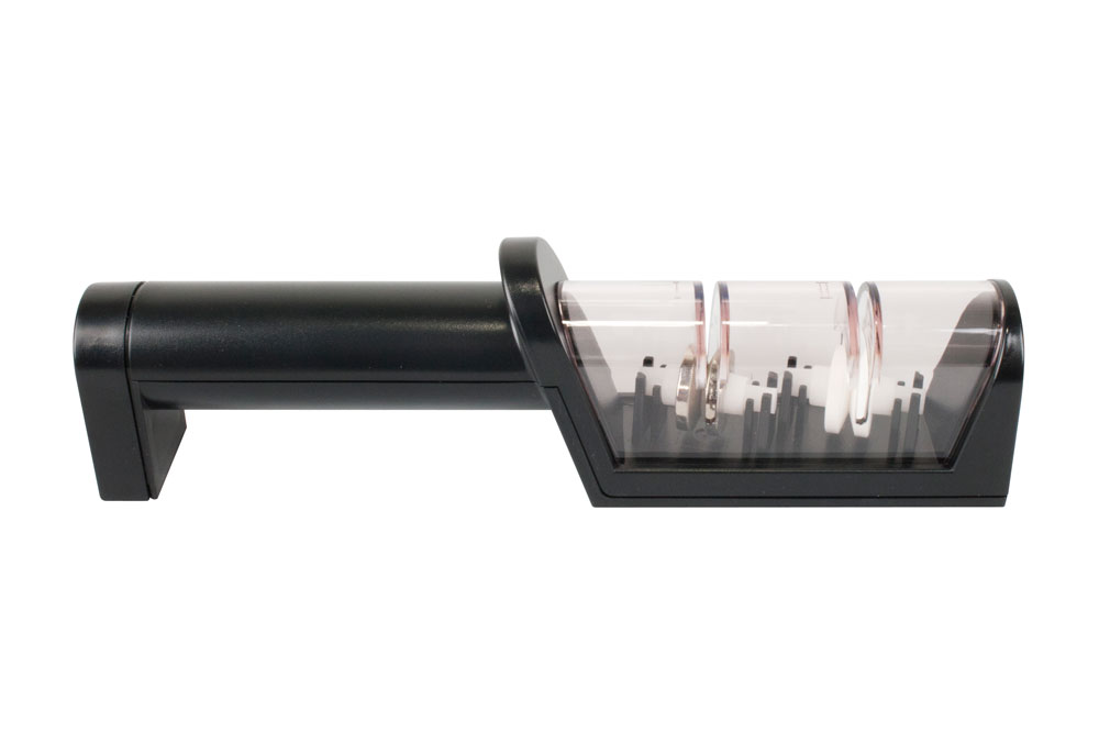 Handheld 2-stage knife sharpener with black handle and clear guide