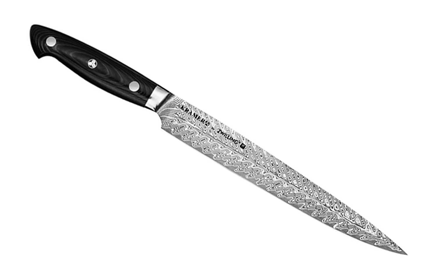 Chef knife with black handle and Damascus-style patterned stainless blade