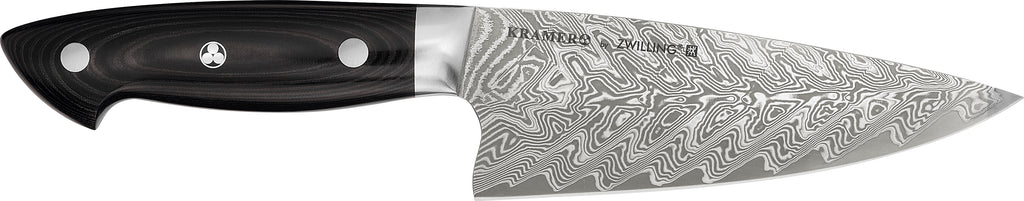 6-inch chef's knife with black handle and Damascus-pattern stainless blade