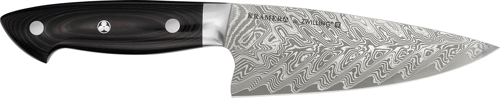 6-inch chef's knife with black handle and Damascus-pattern stainless blade