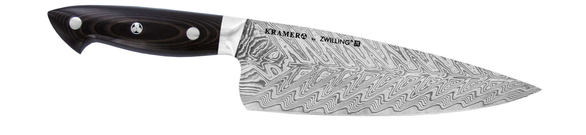 Chef knife with black handle and Damascus-style patterned stainless blade, angled