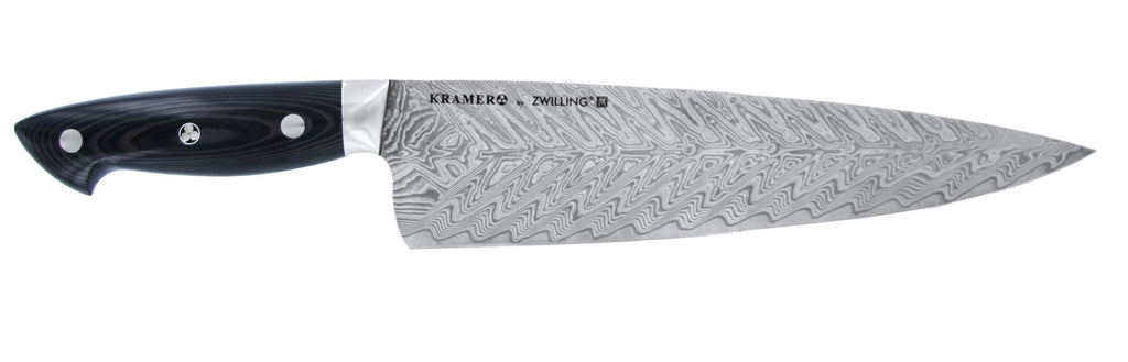 10-inch chef's knife with black handle and Damascus-style silver blade