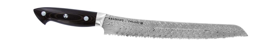 Slicing knife with black handle and Damascus-style patterned stainless blade