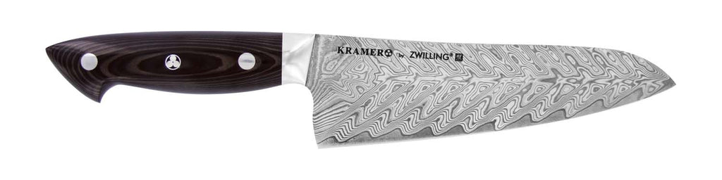 Bob Kramer Santoku knife with dark handle and Damascus-style stainless blade