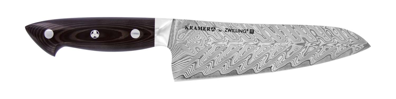Bob Kramer Santoku knife with dark handle and Damascus-style stainless blade