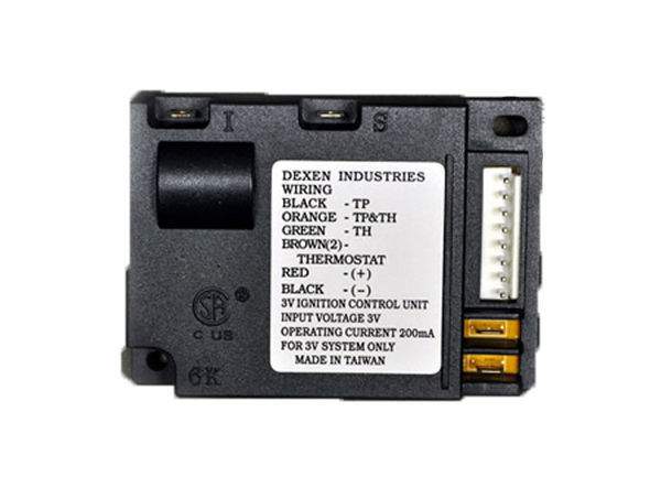Electronic ignition valve control module with side terminal block and label