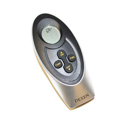 Dexen remote control with oval buttons: ON, OFF, TEMP, FUNC