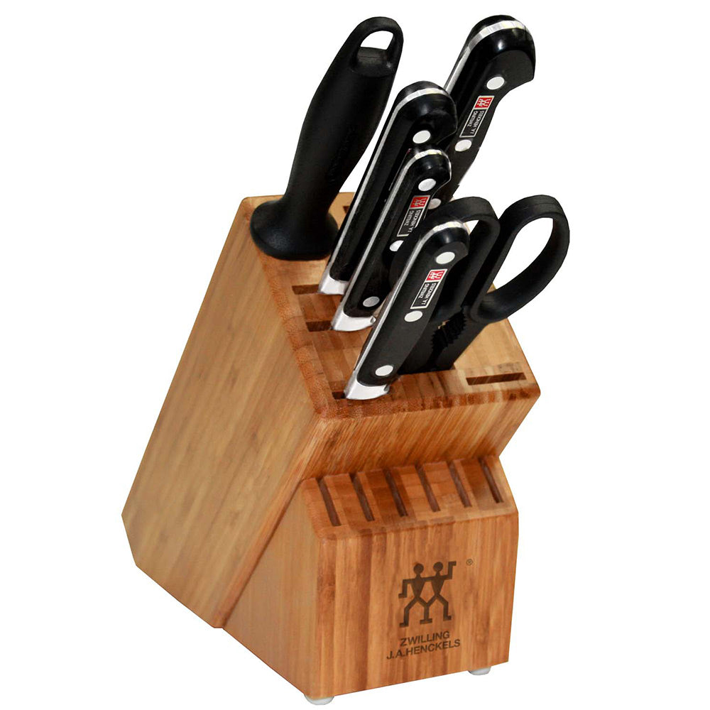 Wooden knife block set with black-handled knives, Zwilling J.A. Henckels