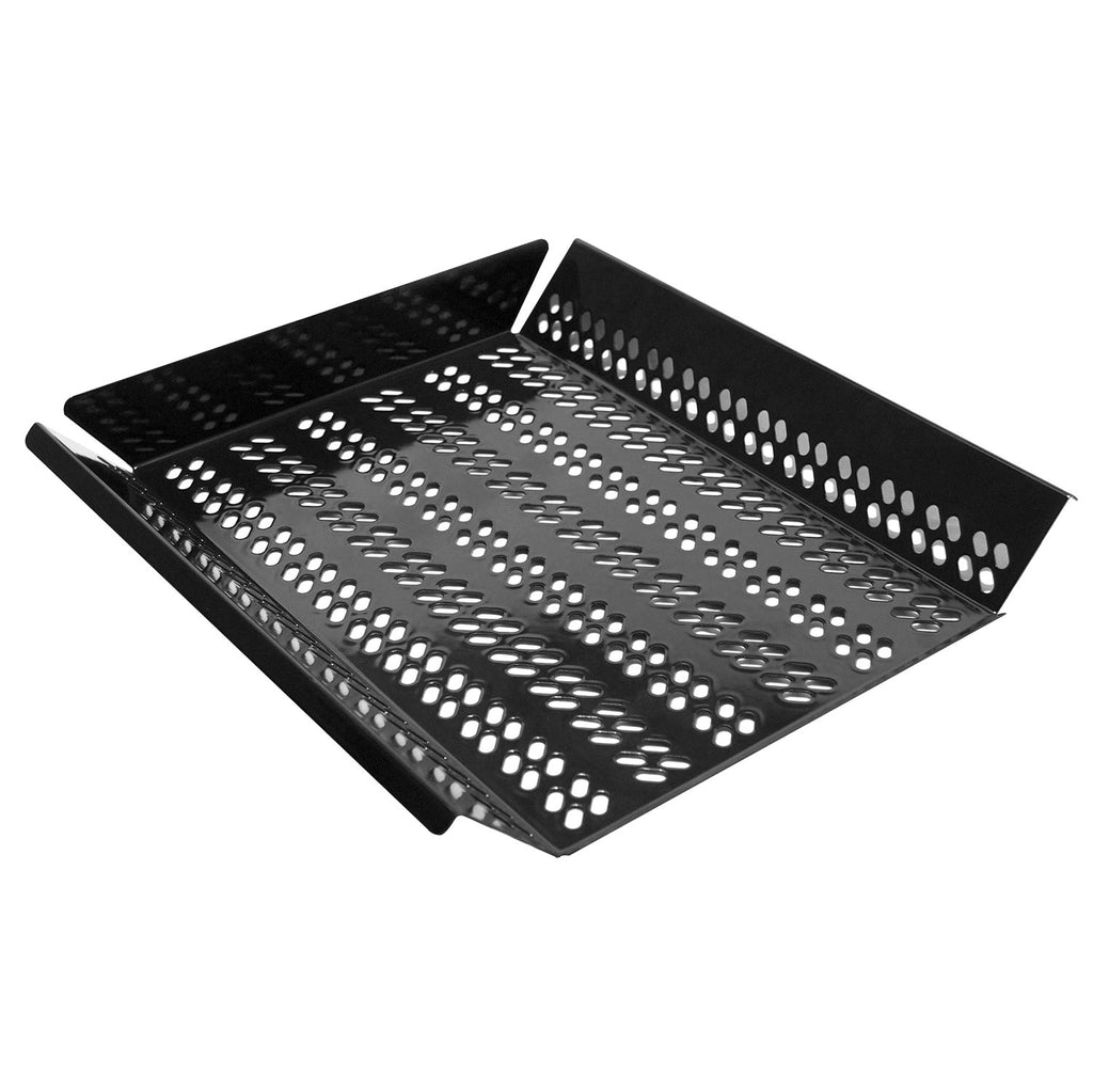 Black grilling tray with perforated plate and raised side rails