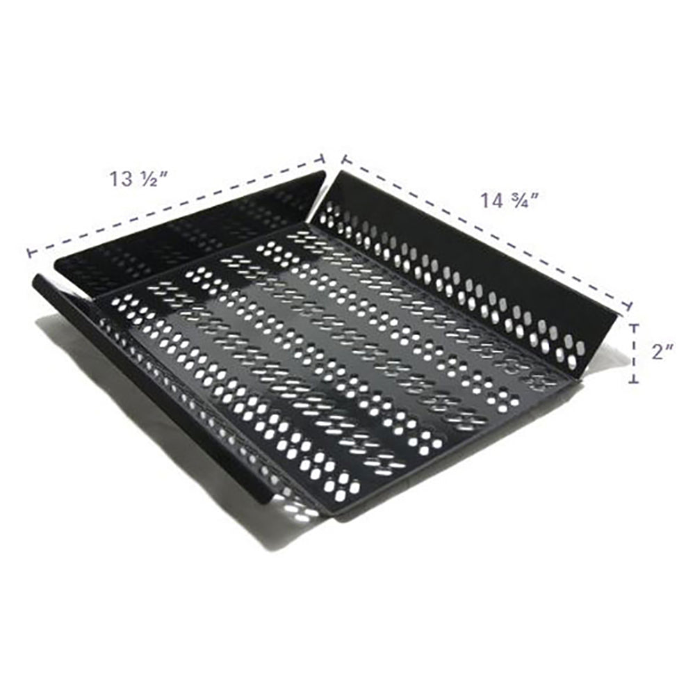 Perforated black grilling tray: 13 1/2 in x 14 3/4 in, 2 in sides