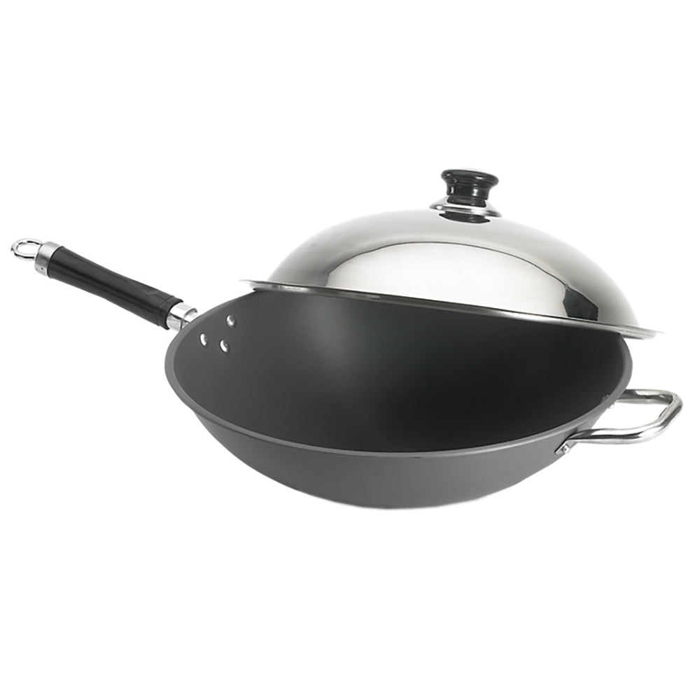 Wok with domed lid, black nonstick interior, side handles and long handle