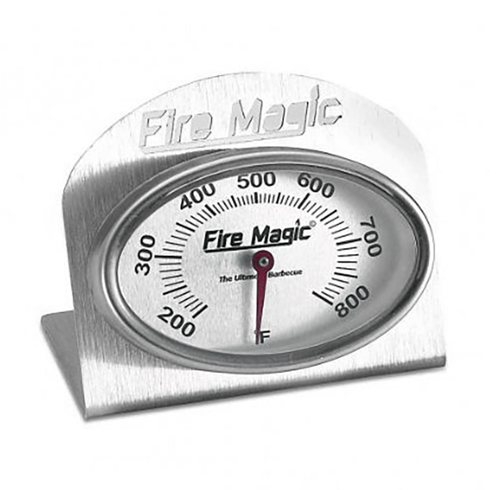 Grill top thermometer with round dial, Fire Magic branding, Fahrenheit scale 200–800.
