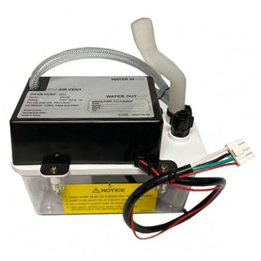 Fire Magic outdoor ice maker drain pump with wiring and hose connections, compact unit