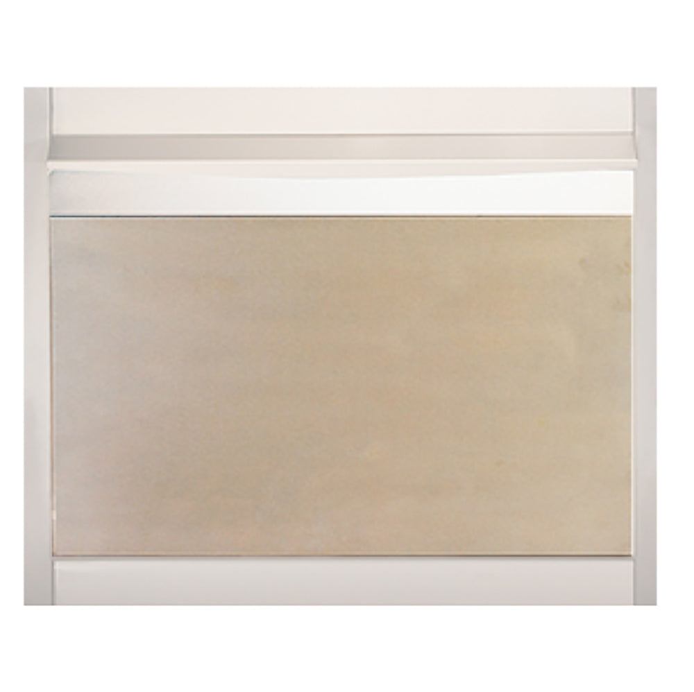 Stainless steel outdoor weather cover with rectangular tan panel and white frame
