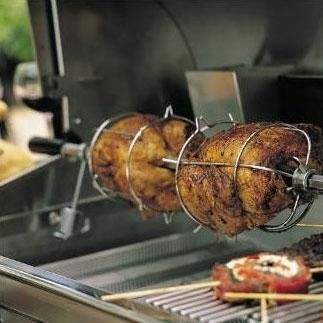 Rotisserie spit with two roasted meats and metal wire cage