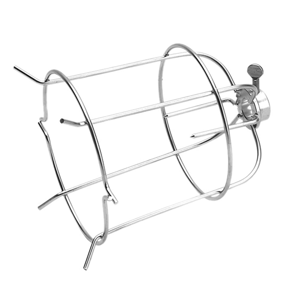 Fire Magic rotisserie chicken holder cage with wire frame and crank knob mount