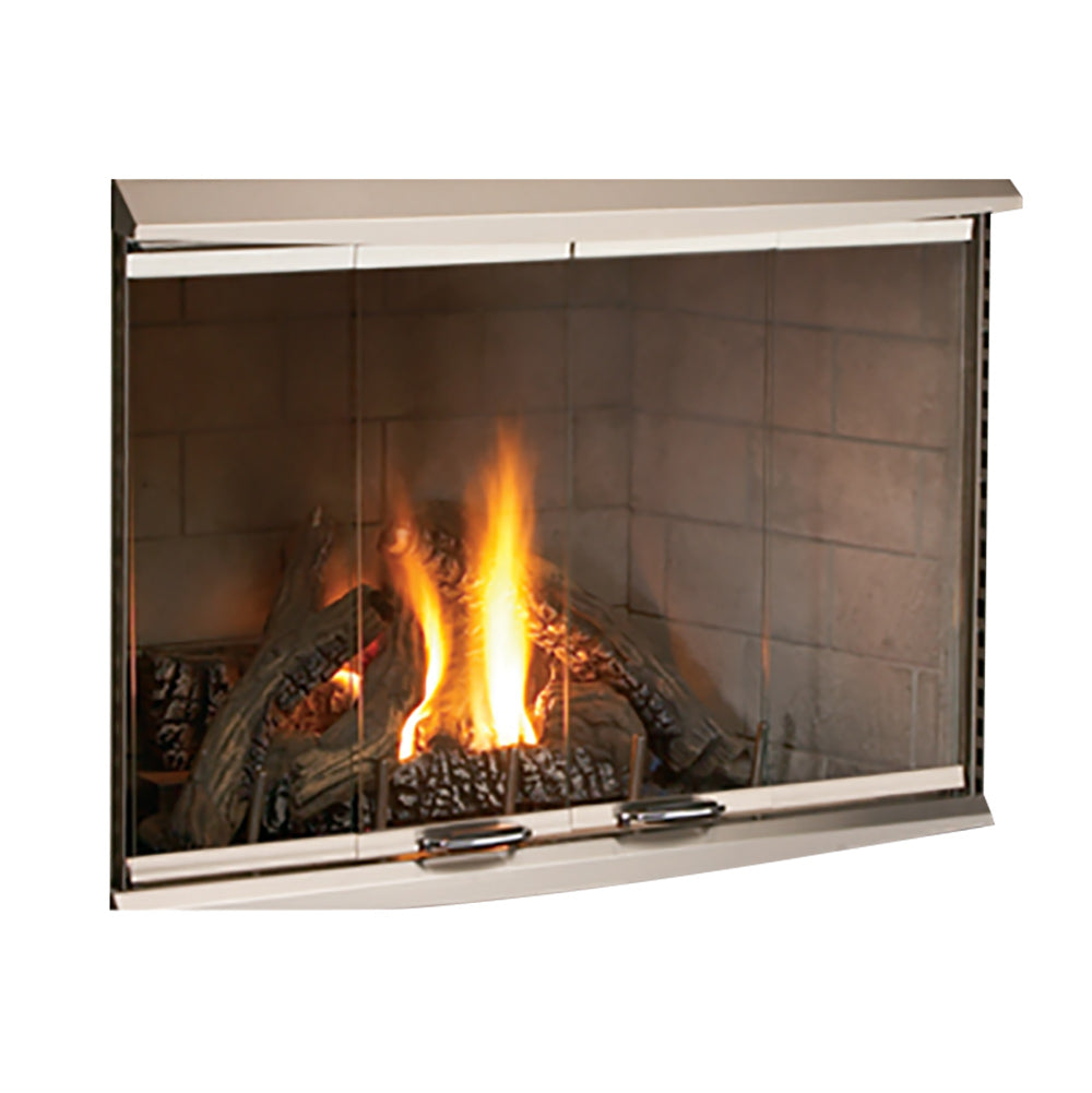 Brushed stainless bi-fold glass fireplace door with frame, clear glass panels