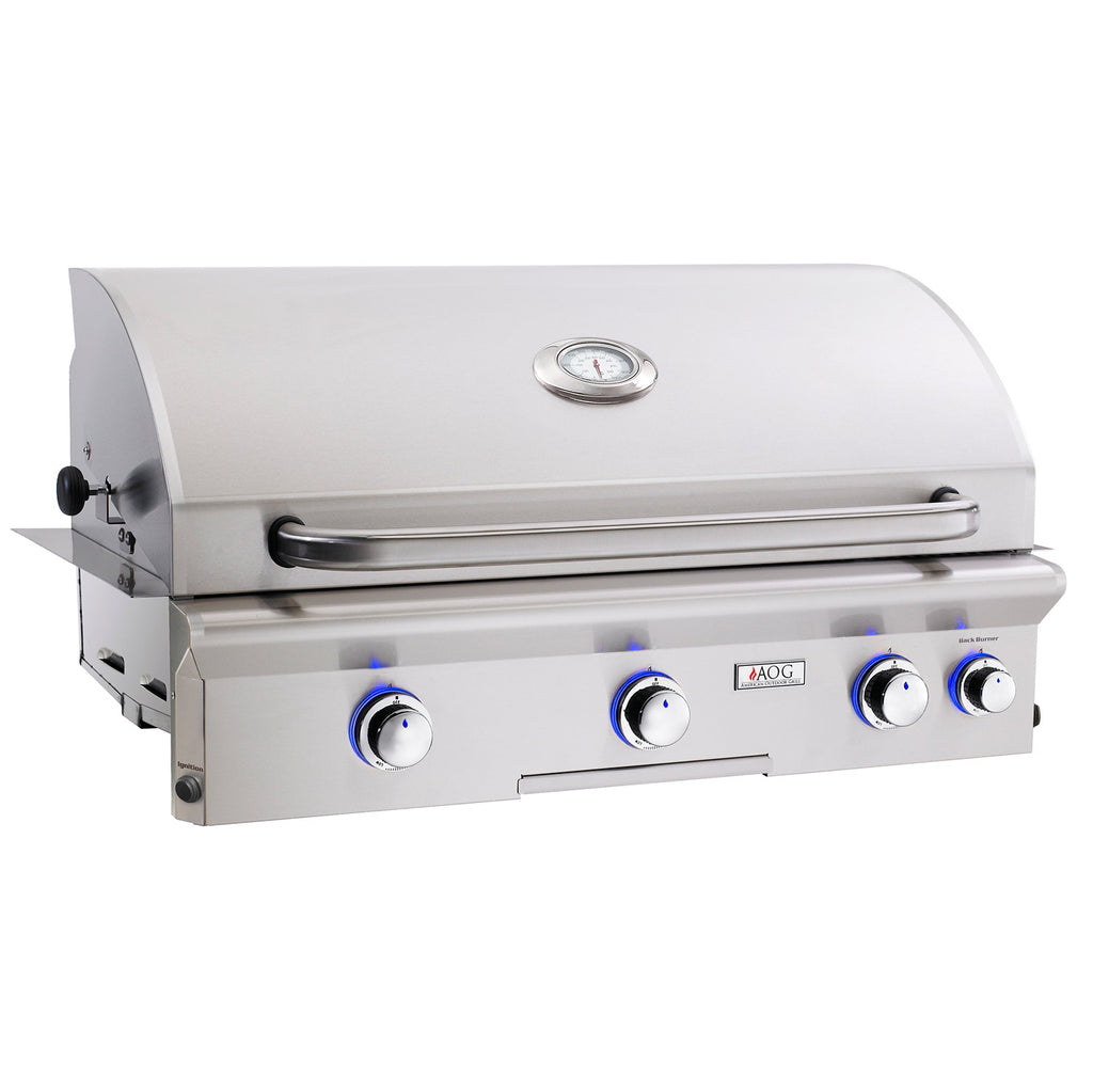 Stainless built-in gas grill with lid and control knobs, rear handle