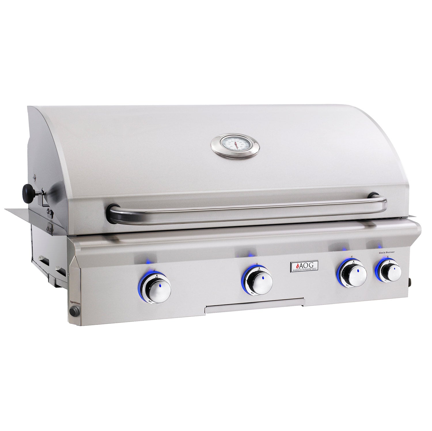 Stainless built-in gas grill with lid and control knobs, rear handle