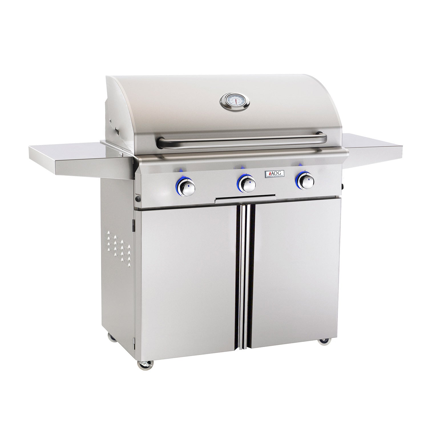 36-inch gas grill on cart with stainless lid and three front control knobs