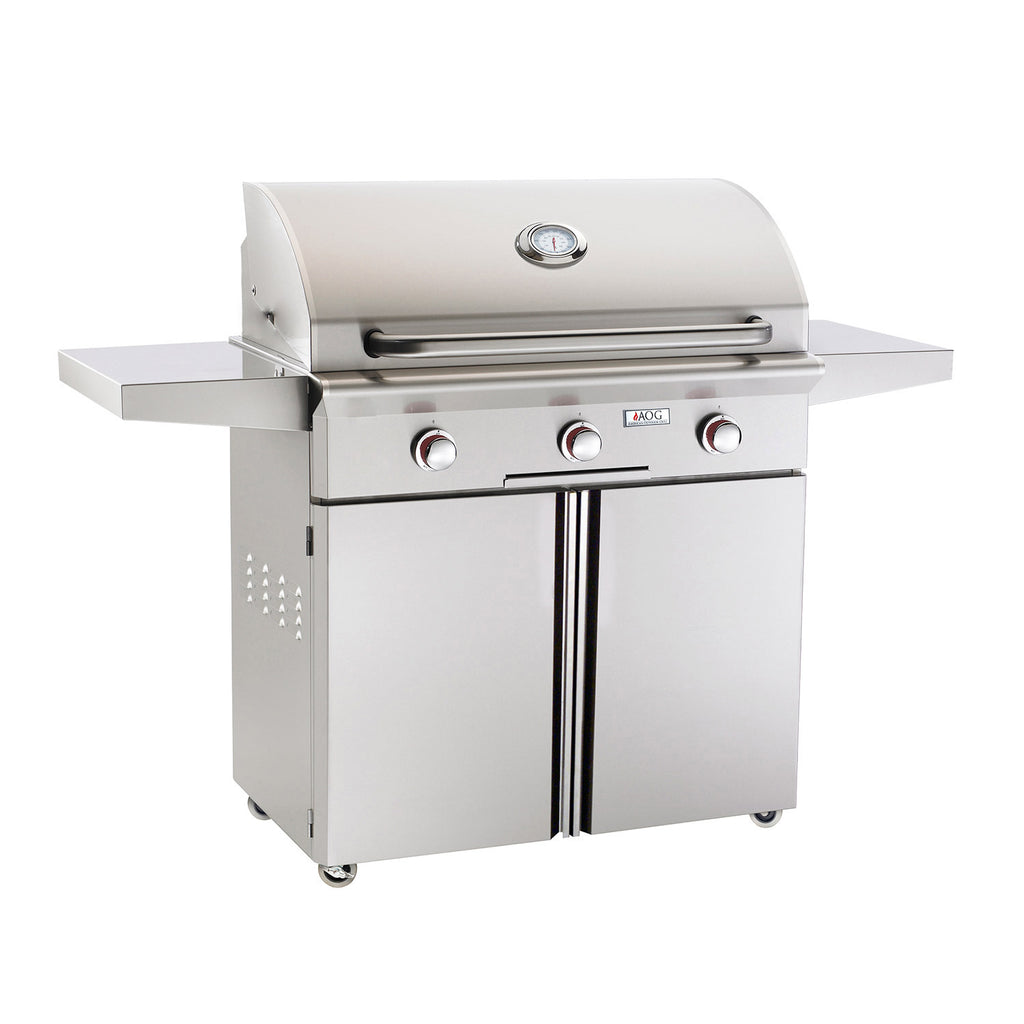 Stainless steel gas grill on cart with lid, front control knobs, and side shelves
