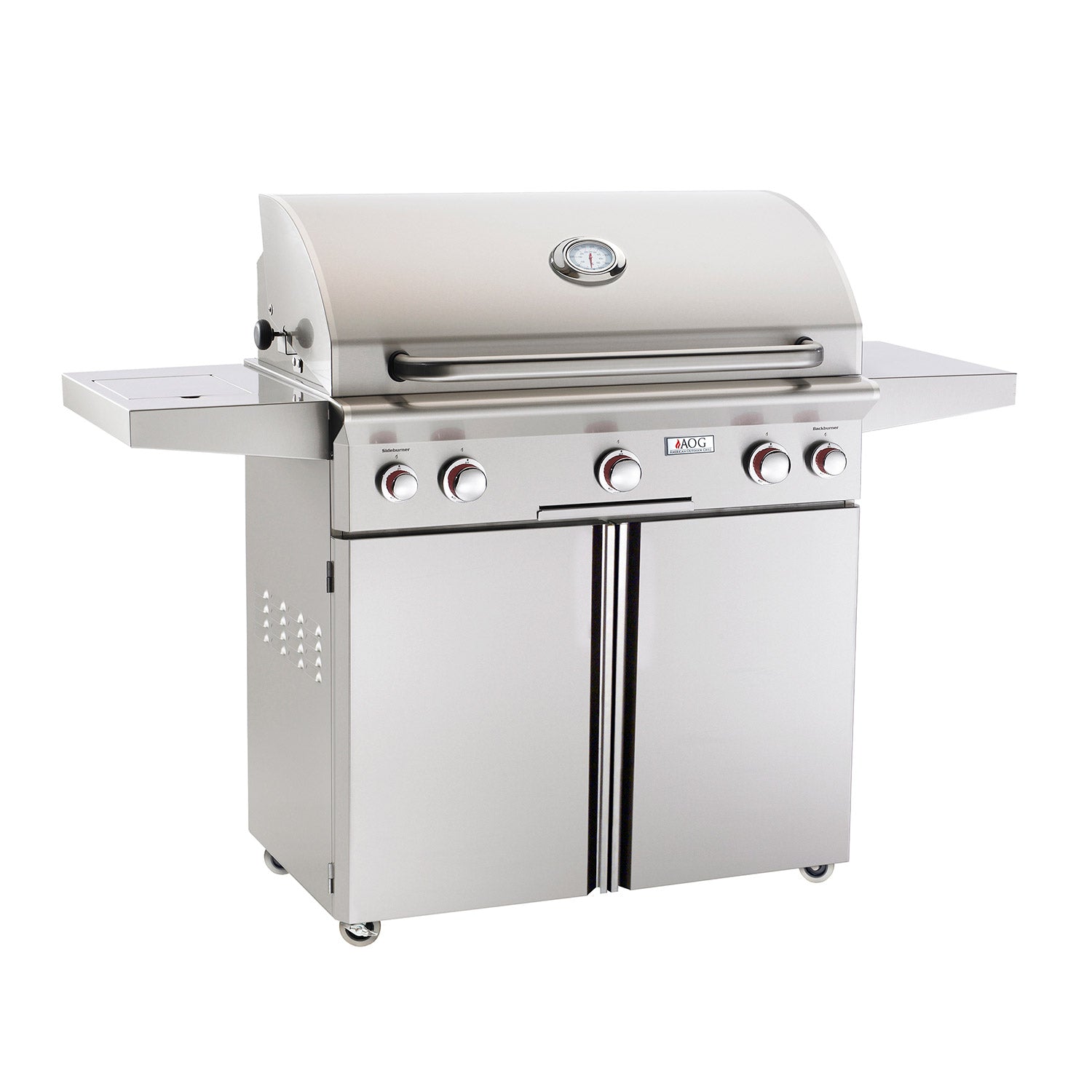 36-inch gas grill with stainless steel lid, front control knobs, and side cabinet on cart
