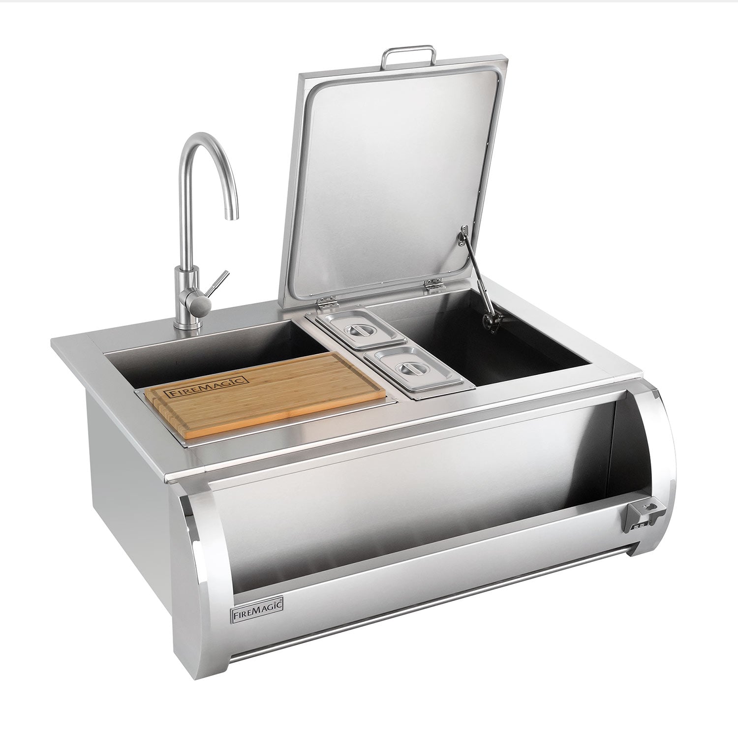 Fire Magic beverage butler with stainless faucet and sink, lid open, prep tray