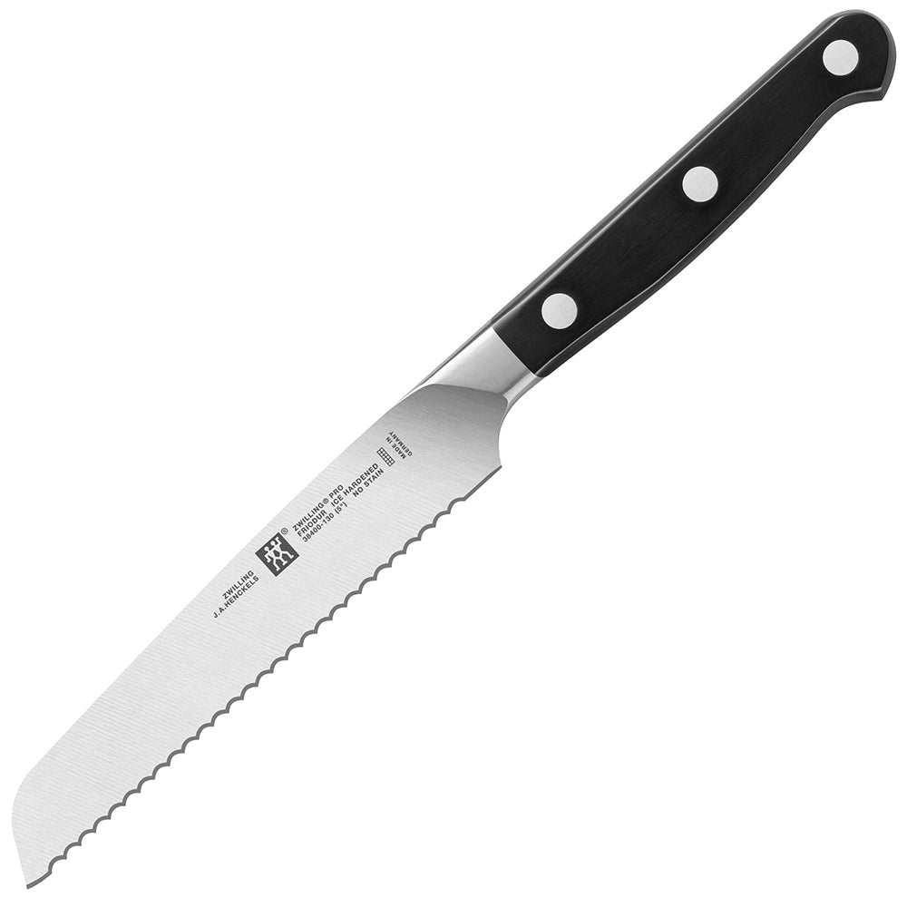 Zwilling J.A. Henckels Pro serrated utility knife, black handle and rivets