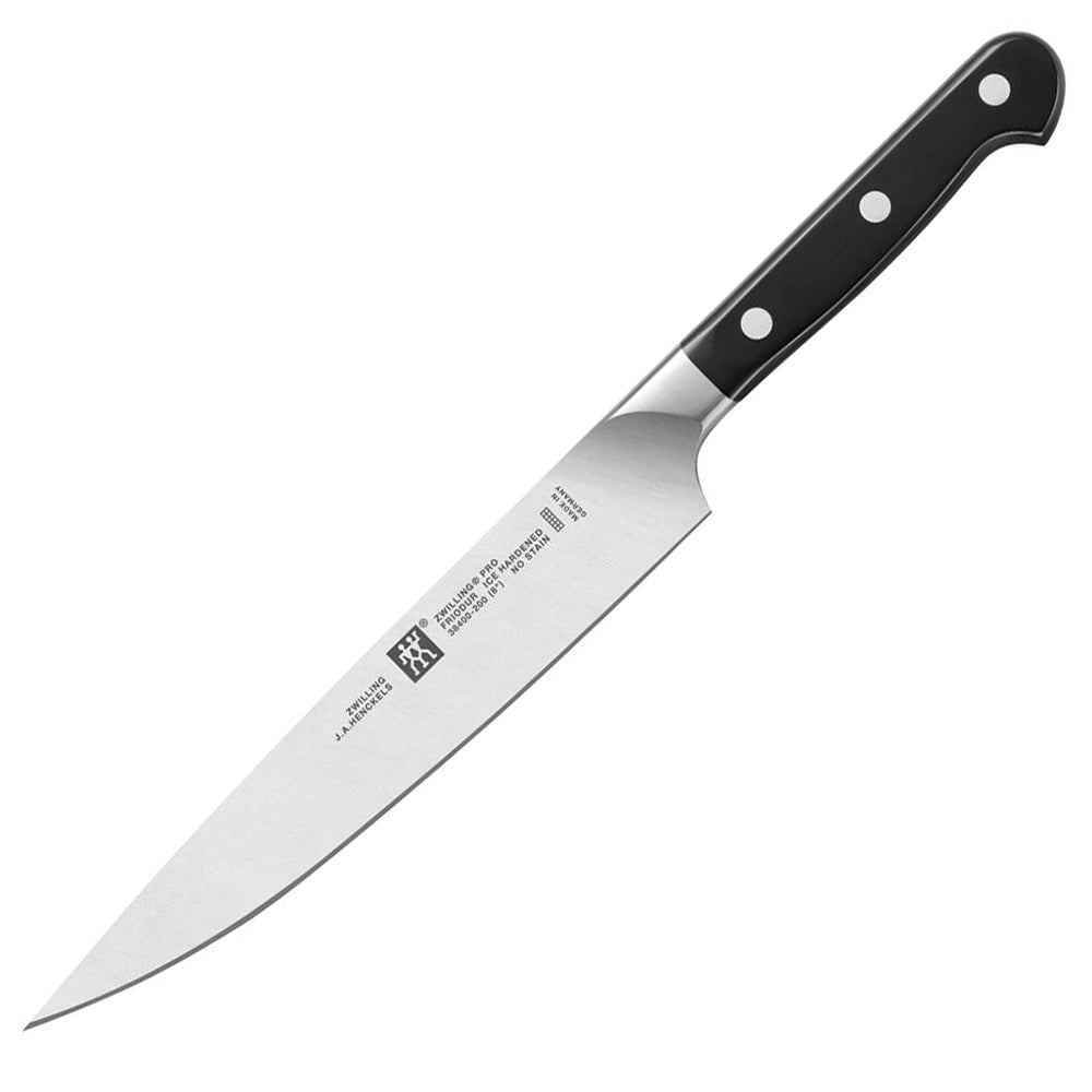Carving knife with stainless steel blade and black handle with three rivets