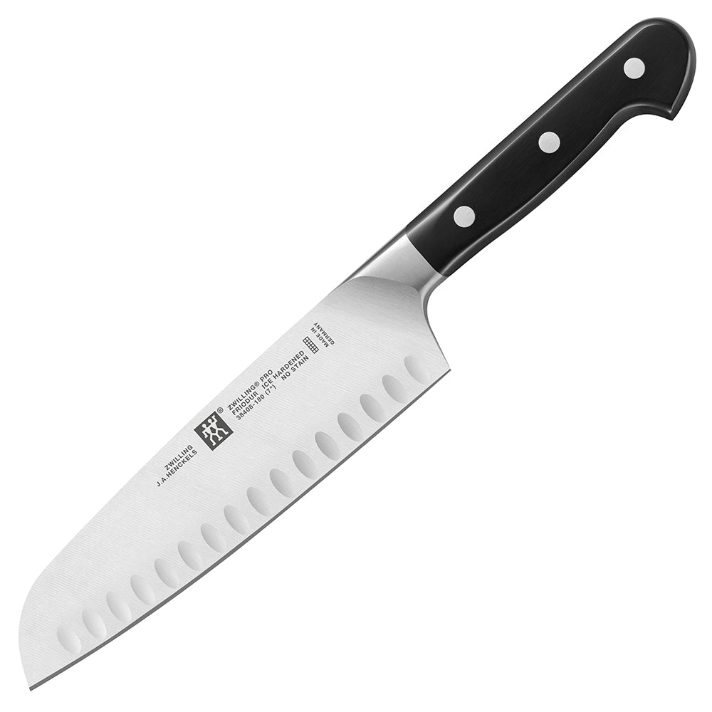 7-inch santoku knife with hollow edge blade and black riveted handle grips