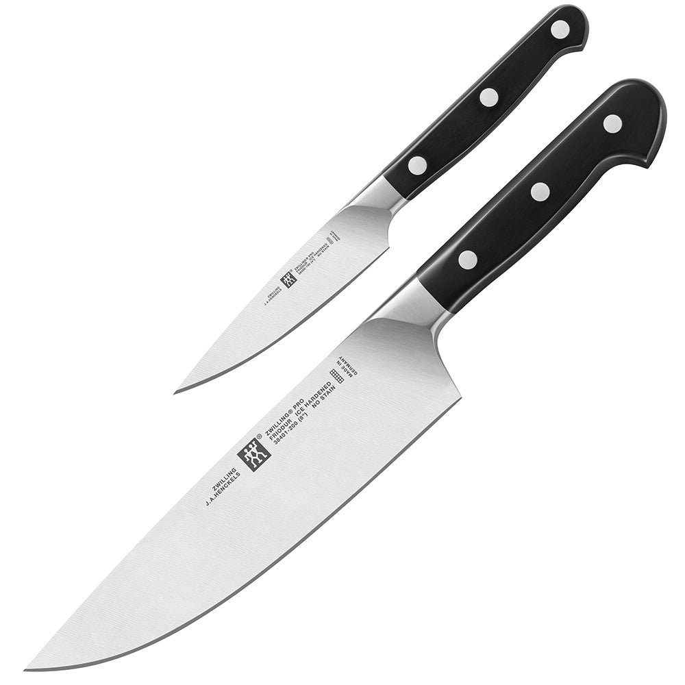 Zwilling J.A. Henckels Pro 2-piece chef knives with black handles, stainless blades