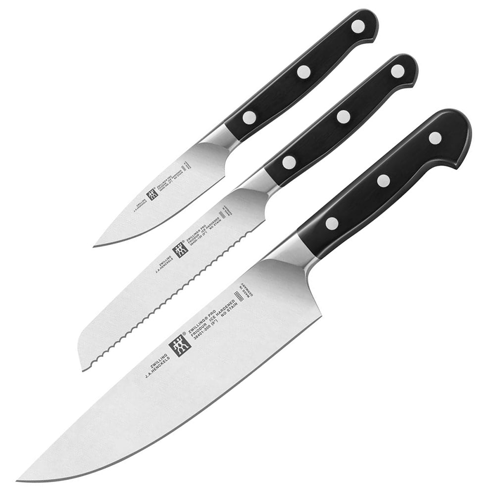 3-piece knife set with black handles and stainless blades, including serrated utility knife