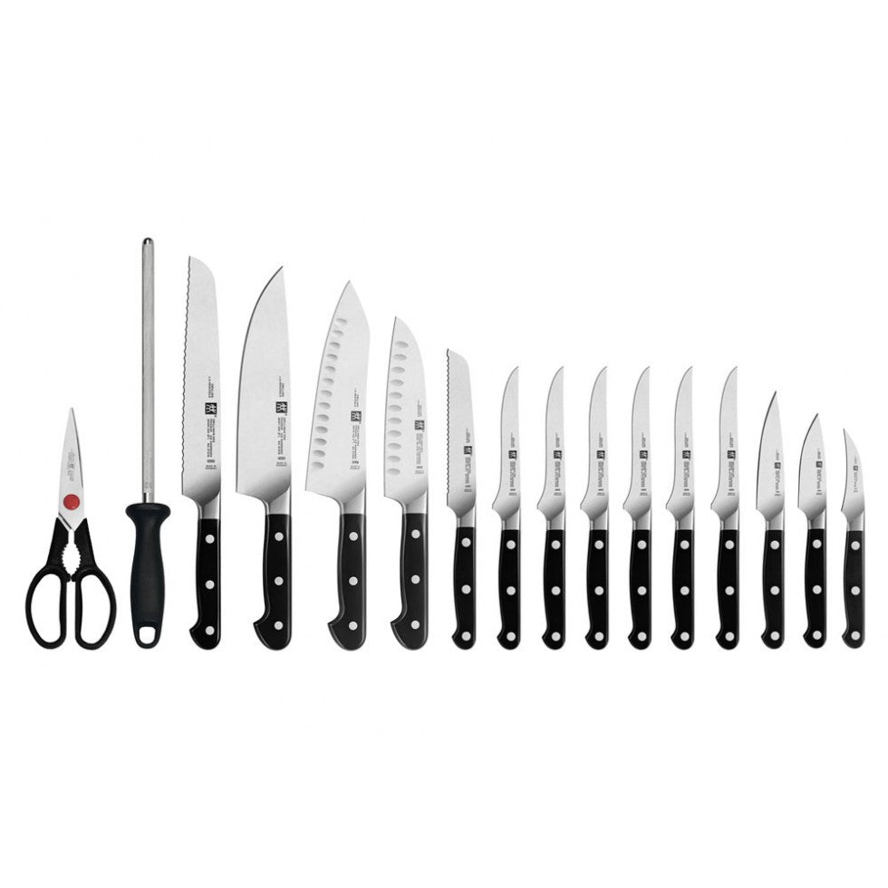 17-piece knife set with black handles, assorted blades and kitchen scissors