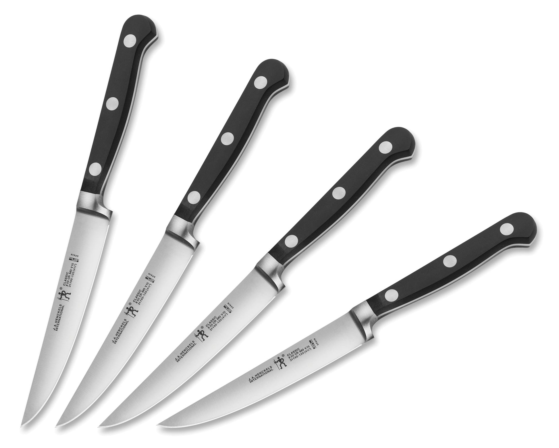 Steak knife set of four knives with black handles and silver blades