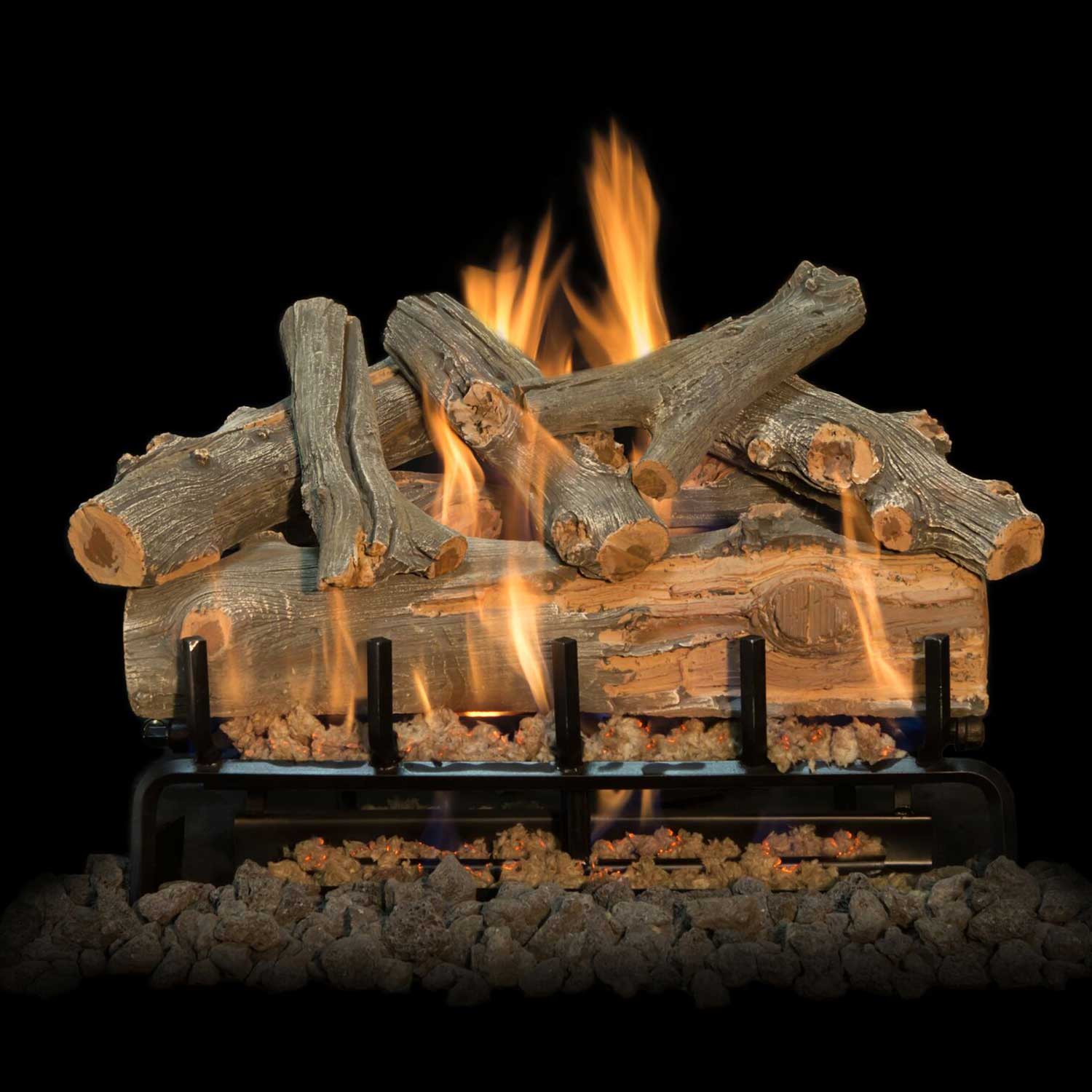 Vented gas log set with burning juniper-style logs and glowing embers